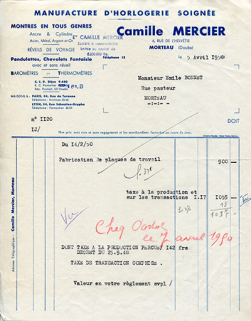 Papier à en-tête de la Manufacture d'Horlogerie Camille Mercier, 5 avril 1950. © Région Bourgogne-Franche-Comté, Inventaire du patrimoine
