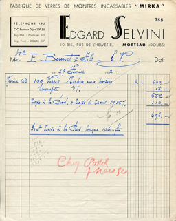 Papier à en-tête de la fabrique de verres de montres "Mirka" d'Edgard Selvini, 29 février 1952. © Région Bourgogne-Franche-Comté, Inventaire du patrimoine