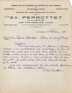 Papier à en-tête de la veuve Ed. Perrotet, 11 février 1935. © Région Bourgogne-Franche-Comté, Inventaire du patrimoine
