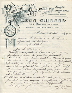 Papier à en-tête de la fabrique d'horlogerie Léon Guinand aux Brenets (Suisse) et à Morteau, 2 mai 1903. © Région Bourgogne-Franche-Comté, Inventaire du patrimoine