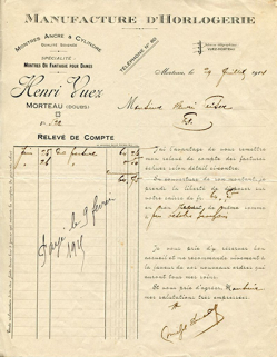 Papier à en-tête de la fabrique d'horlogerie Henri Vuez, 29 juillet 1914. © Région Bourgogne-Franche-Comté, Inventaire du patrimoine
