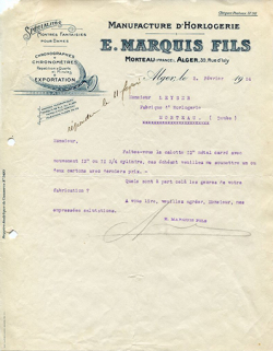 Papier à en-tête de la fabrique d'horlogerie E. Marquis Fils, 2 février 1924. © Région Bourgogne-Franche-Comté, Inventaire du patrimoine