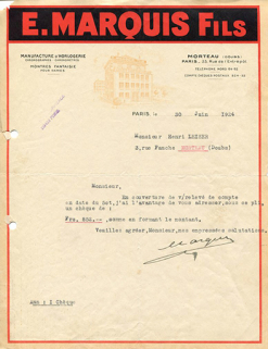 Papier à en-tête de la fabrique d'horlogerie E. Marquis Fils, 30 juin 1924. © Région Bourgogne-Franche-Comté, Inventaire du patrimoine