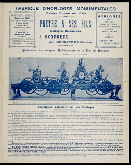 Fabrique d’horloges monumentales Prêtre & ses Fils [dépliant publicitaire : p. 1], 1er quart 20e siècle. © Région Bourgogne-Franche-Comté, Inventaire du patrimoine