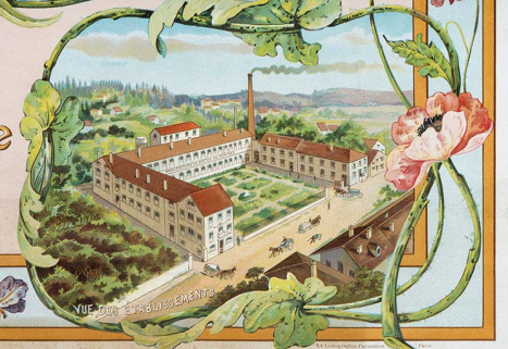 Affiche publicitaire de la société Pierre Frainier et Fils [détail du bâtiment], [vers 1902 ?]. © Région Bourgogne-Franche-Comté, Inventaire du patrimoine