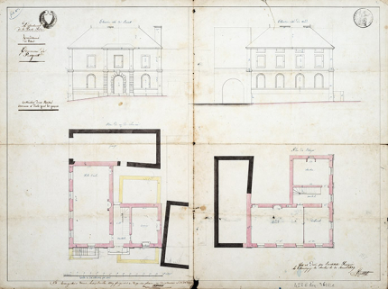 Plans et élévation du projet de construction de la mairie-école, 1839. © Région Bourgogne-Franche-Comté, Inventaire du patrimoine