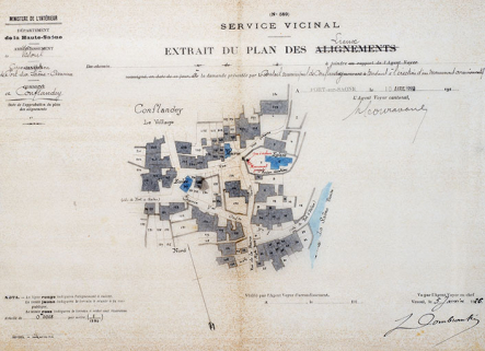 Plan du centre-bourg réalisé au moment de l'érection du monument aux morts, 1922. © Région Bourgogne-Franche-Comté, Inventaire du patrimoine