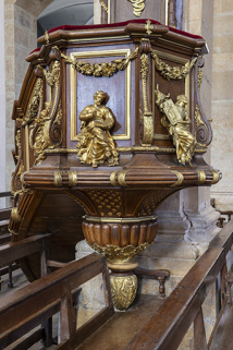 Chaire, détail de la cuve, les Évangélistes saint Marc et saint Luc. © Région Bourgogne-Franche-Comté, Inventaire du patrimoine Chaire, détail de la cuve, les Évangélistes saint Marc et saint Luc. © Région Bourgogne-Franche-Comté, Inventaire du patrimoine