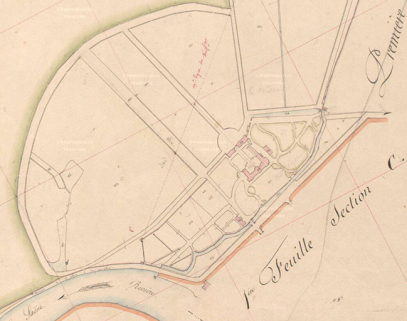 Plan du site sur l'Atlas parcellaire (1836) du cadastre de la commune de Scey-sur-Saône-et-Saint-Albin. © Archives départementales de la Haute-Saône Plan du site sur l'Atlas parcellaire (1836) du cadastre de la commune de Scey-sur-Saône-et-Saint-Albin. © Archives départementales de la Haute-Saône