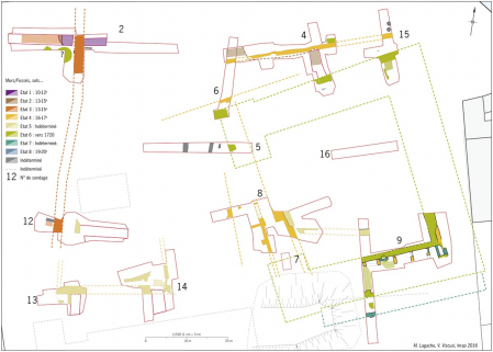 Plan phasé des vestiges et proposition de restitution du plan des bâtiments. Château de Scey-sur-Saône, diagnostic archéologique, Inrap. © Institut national de recherches archéologiques préventives Plan phasé des vestiges et proposition de restitution du plan des bâtiments. Château de Scey-sur-Saône, diagnostic archéologique, Inrap. © Institut national de recherches archéologiques préventives