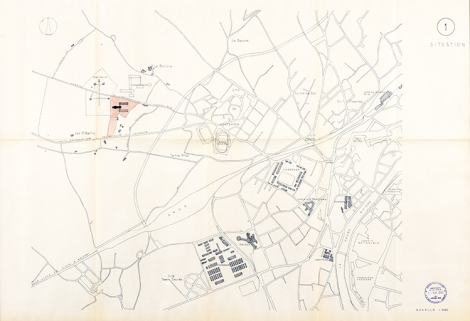 Cetehor. Avant-projet d’un institut de recherches à Besançon. 1. Situation, novembre 1957. © Région Bourgogne-Franche-Comté, Inventaire du patrimoine