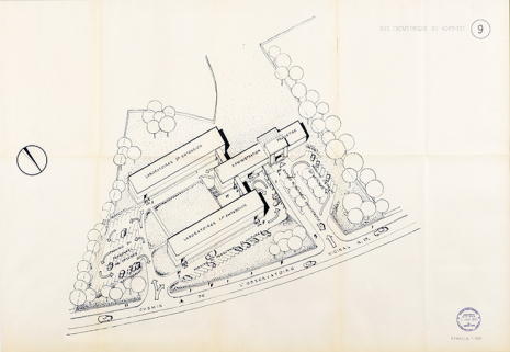 Cetehor. Avant-projet d’un institut de recherches à Besançon. 9. Vue isométrique du nord-est, novembre 1957. © Région Bourgogne-Franche-Comté, Inventaire du patrimoine