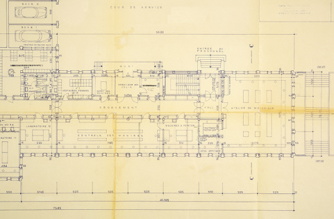 Projet de construction d’un institut de recherches à Besançon. 105. Plan du rez-de-chaussée inférieur [détail : contrôle des montres et atelier de mécanique], 11 janvier 1958. © Région Bourgogne-Franche-Comté, Inventaire du patrimoine