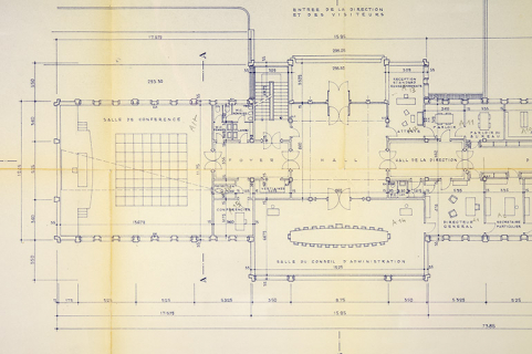 Projet de construction d’un institut de recherches à Besançon. 106. Plan du rez-de-chaussée supérieur [détail : hall et salles de conférence et du conseil d'administration], 11 janvier 1958. © Région Bourgogne-Franche-Comté, Inventaire du patrimoine