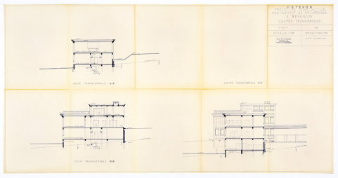 Projet de construction d’un institut de recherches à Besançon. 108. Coupes transversales, 11 janvier 1958 (modifié le 25 mars 1958). © Région Bourgogne-Franche-Comté, Inventaire du patrimoine