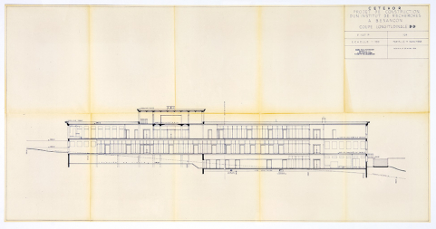Projet de construction d’un institut de recherches à Besançon. 109. Coupe longitudinale D-D, 11 janvier 1958 (modifié le 25 mars 1958). © Région Bourgogne-Franche-Comté, Inventaire du patrimoine