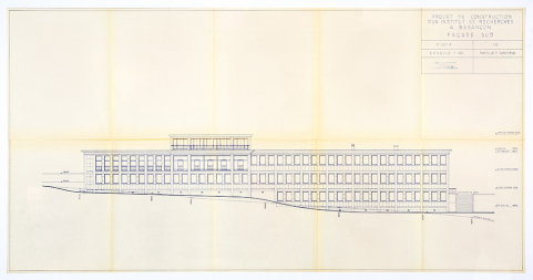 Projet de construction d’un institut de recherches à Besançon. 110. Façade sud, 11 janvier 1958. © Région Bourgogne-Franche-Comté, Inventaire du patrimoine