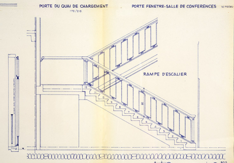 Cetehor Besançon. Construction du centre de l’industrie horlogère. 2016. Serrurie [sic] extérieure-intérieure [détail :] Rampe d'escalier, 12 mai 1958. © Région Bourgogne-Franche-Comté, Inventaire du patrimoine