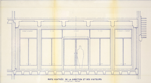 Cetehor Besançon. Construction du centre de l’industrie horlogère. 2016. Serrurie [sic] extérieure-intérieure [détail :] Porte d'entrée de la direction et des visiteurs, 12 mai 1958. © Région Bourgogne-Franche-Comté, Inventaire du patrimoine