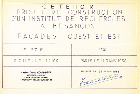 Projet de construction d’un institut de recherches à Besançon. 112. Façades ouest et est [détail : cartouche avec signature], 11 janvier 1958 (modifié le 25 mars 1958). © Région Bourgogne-Franche-Comté, Inventaire du patrimoine
