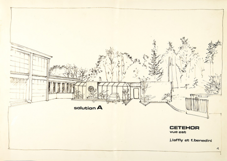 [Avant-projet pour le laboratoire de métrologie]. 1. Cetehor vue est. Solution A [perspective], par Laffly et Benedini, 18 novembre 1980. © Région Bourgogne-Franche-Comté, Inventaire du patrimoine