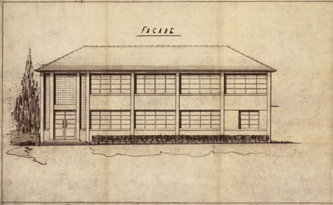 Usine à Yema à Besançon [façade antérieure], 1954. © Région Bourgogne-Franche-Comté, Inventaire du patrimoine