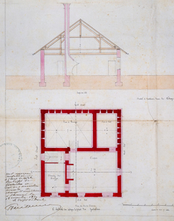 Projet de construction de trois chalets communaux [plan du rez-de-chaussée et coupe transversale], 1859. © Région Bourgogne-Franche-Comté, Inventaire du patrimoine