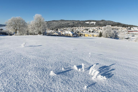 Vue d'ensemble éloignée du site, en hiver, depuis l'est. L'usine se distingue par sa couleur jaune. © Région Bourgogne-Franche-Comté, Inventaire du patrimoine