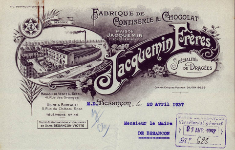 Fabrique de confiserie et chocolat Jacquemin Frères, papier à en-tête, 1937. © Région Bourgogne-Franche-Comté, Inventaire du patrimoine Fabrique de confiserie et chocolat Jacquemin Frères, papier à en-tête, 1937. © Région Bourgogne-Franche-Comté, Inventaire du patrimoine