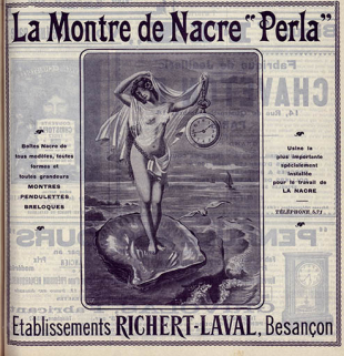 Montre de nacre Perla, publicité, 1910. © Région Bourgogne-Franche-Comté, Inventaire du patrimoine Montre de nacre Perla, publicité, 1910. © Région Bourgogne-Franche-Comté, Inventaire du patrimoine