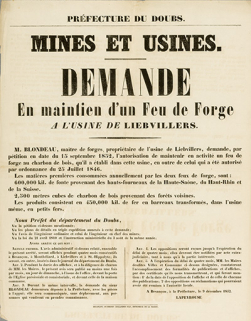 Mines et usines. Demande en maintien d'un feu de forge à l'usine de Liebvillers [affiche], 9 décembre 1852. © Région Bourgogne-Franche-Comté, Inventaire du patrimoine