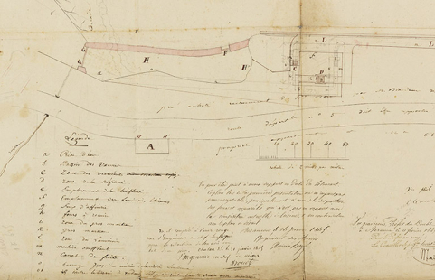 Plan d’ensemble de l’usine à construire par Mrs Blondeau et Delavelle frères de St Hypolite [... détail], [1843 modifié en 1845]. © Région Bourgogne-Franche-Comté, Inventaire du patrimoine