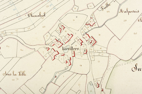 Cadastre de la commune de Liebvillers. Atlas parcellaire, 1830. Section A du village en une feuille [détail], 1/2 500. © Région Bourgogne-Franche-Comté, Inventaire du patrimoine