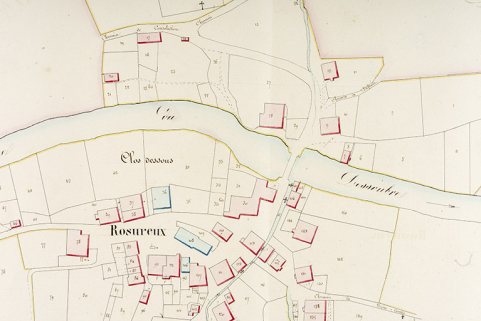 Plan-masse et de situation en 1832. Extrait du Plan cadastral parcellaire de la commune de Rosureux [...] Section B du Village. © Région Bourgogne-Franche-Comté, Inventaire du patrimoine