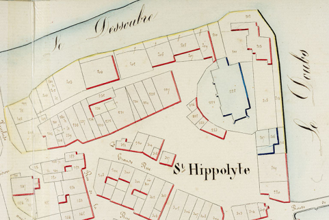 Cadastre de la commune de Saint-Hippolyte, 1830. Section B de Vauchamps et de la Ville, 2e feuille [détail : quartier de la tannerie], échelle 1/2 500. © Région Bourgogne-Franche-Comté, Inventaire du patrimoine