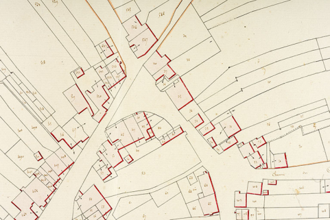 Cadastre de la commune de Montécheroux. Atlas parcellaire, 1830, section D en une feuille [détail : quartier de la rue de la Planchette], 1/1 250. © Région Bourgogne-Franche-Comté, Inventaire du patrimoine