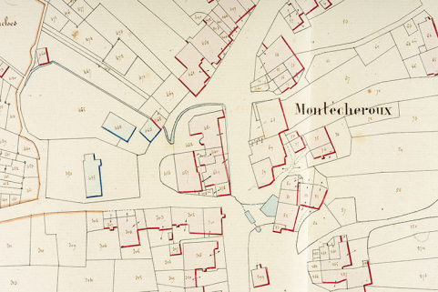 Cadastre de la commune de Montécheroux. Atlas parcellaire, 1830, section D en une feuille [détail : quartier des fontaines], 1/1 250. © Région Bourgogne-Franche-Comté, Inventaire du patrimoine