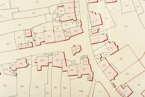 Cadastre de la commune de Montécheroux. Atlas parcellaire, 1830, section D en une feuille [détail : carrefour de la Grande Rue et de la rue de Saint-Hippolyte], 1/1 250. © Région Bourgogne-Franche-Comté, Inventaire du patrimoine