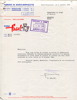 Papier à en-tête de la société des Forges de Saint-Hippolyte, 11 janvier 1965. © Région Bourgogne-Franche-Comté, Inventaire du patrimoine