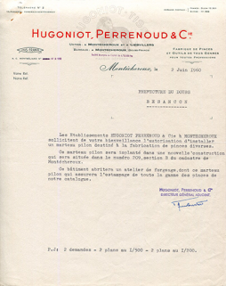 Papier à en-tête de la société Hugoniot-Perrenoud et Cie (demande en autorisation d'établir un marteau-pilon), 2 juin 1960. © Région Bourgogne-Franche-Comté, Inventaire du patrimoine