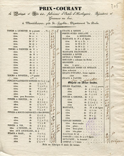 Prix-courant de Poulignot et Fils aîné, fabricant d'outils d'horlogerie, bijouterie et graveurs en bois, à Montécheroux, près St.-Hypolite, département du Doubs, 1834. © Région Bourgogne-Franche-Comté, Inventaire du patrimoine