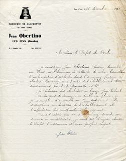 Papier à en-tête de la Fonderie de Clochettes en tous genres Jean Obertino, 16 décembre 1931. © Région Bourgogne-Franche-Comté, Inventaire du patrimoine