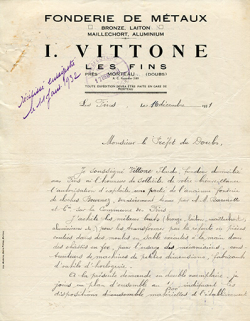 Papier à en-tête de la Fonderie de Métaux I. Vittone, 16 décembre 1931. © Région Bourgogne-Franche-Comté, Inventaire du patrimoine