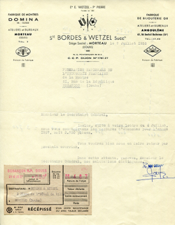 Papier à en-tête des Ets E. Wetzel - Fernand Pierre, Société Bordes et Wetzel successeurs, 7 juillet 1958. © Région Bourgogne-Franche-Comté, Inventaire du patrimoine