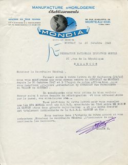 Papier à en-tête de la société Mondia, 26 octobre 1949. © Région Bourgogne-Franche-Comté, Inventaire du patrimoine Papier à en-tête de la société Mondia, 26 octobre 1949. © Région Bourgogne-Franche-Comté, Inventaire du patrimoine