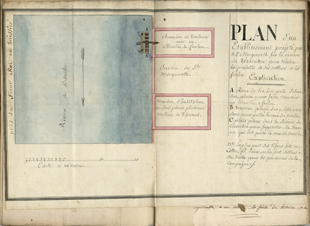 Plan d’un établissement projeté par le Sr Morgenroth sur la rivière du Dessoubre pour teindre les produits de ses métiers et les fouler, [1829]. © Région Bourgogne-Franche-Comté, Inventaire du patrimoine