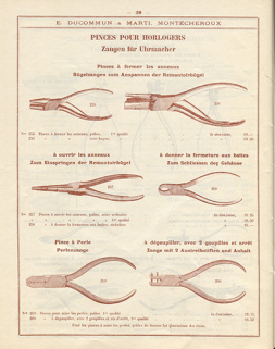 Tarif-album [...] E. Ducommun & Marti successeurs [catalogue de production, p. 38 : pinces pour horloger], [années 1920-1930]. © Région Bourgogne-Franche-Comté, Inventaire du patrimoine
