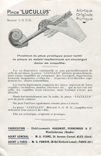 Publicité pour la pince à escargot Lucullus, [milieu 20e siècle]. © Région Bourgogne-Franche-Comté, Inventaire du patrimoine