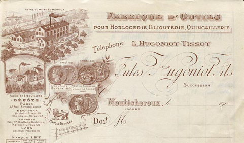 Papier à en-tête de la Fabrique d’outils L. Hugoniot-Tissot Jules Hugoniot Fils successeur, à Montécheroux, décennie 1900. © Région Bourgogne-Franche-Comté, Inventaire du patrimoine Papier à en-tête de la Fabrique d’outils L. Hugoniot-Tissot Jules Hugoniot Fils successeur, à Montécheroux, décennie 1900. © Région Bourgogne-Franche-Comté, Inventaire du patrimoine