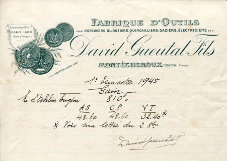 Papier à en-tête de la société David Gueutal Fils, 1er trimestre 1945. © Région Bourgogne-Franche-Comté, Inventaire du patrimoine Papier à en-tête de la société David Gueutal Fils, 1er trimestre 1945. © Région Bourgogne-Franche-Comté, Inventaire du patrimoine